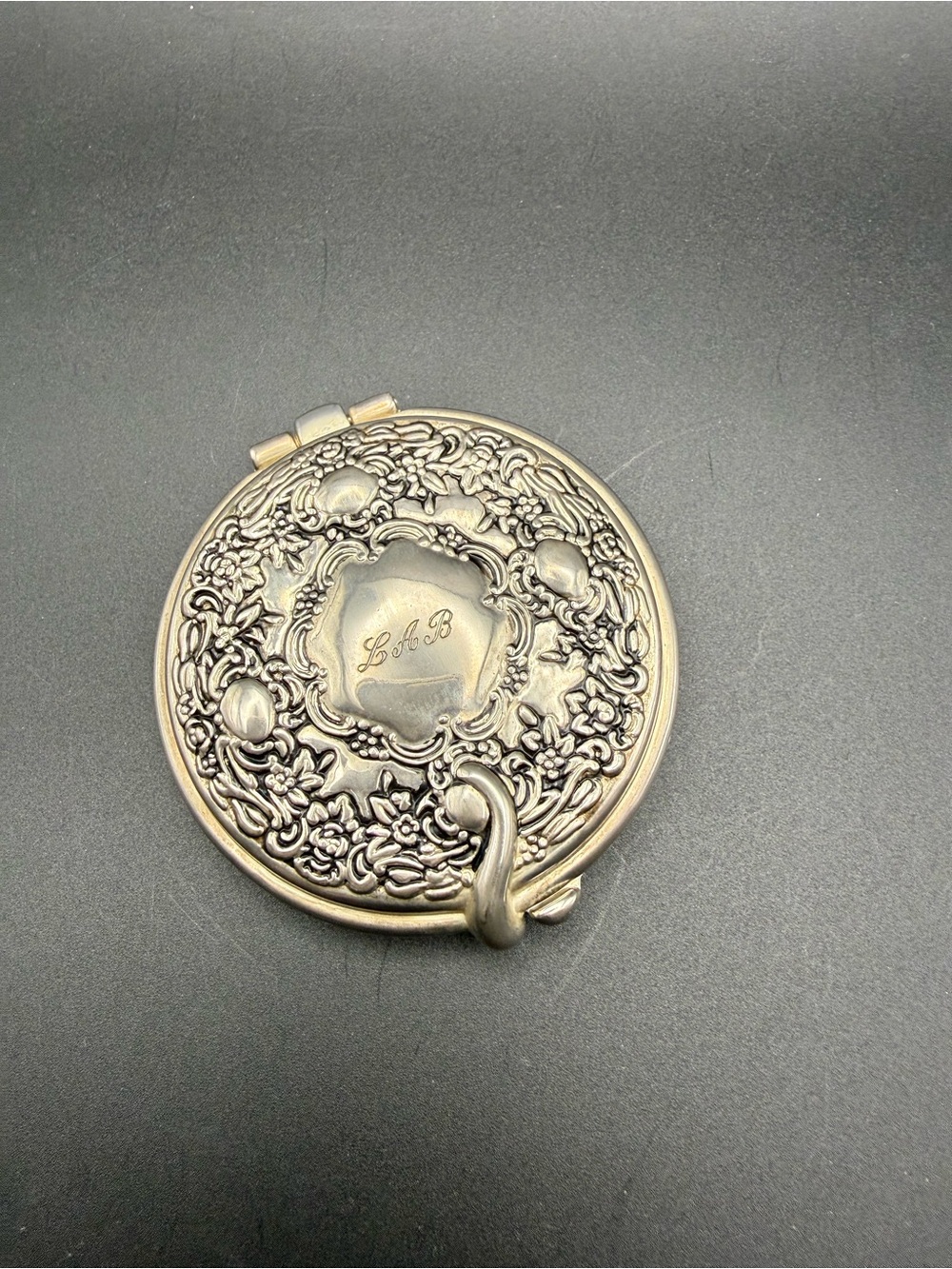 Vintage mid century silver-plated compact mirror with Floral Engraving